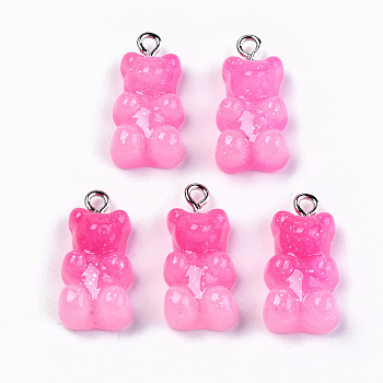 Opaque Resin Pendants, with Platinum Plated Iron Loop and Glitter Powder, Imitation Jelly, Two Tone, Bear, Pearl Pink, 21~22x11x7~8mm, Hole: 2mm