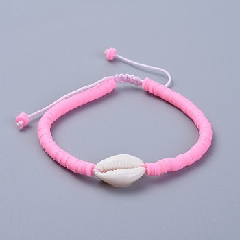 Handmade Polymer Clay Heishi Beads Braided Bracelets, with Cowrie Shell Beads and Nylon Cord, Pink, 2 inch~3-1/8 inch(5~8cm)