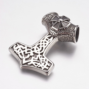 304 Stainless Steel Big Pendants, Thor's Hammer with Cross, Antique Silver, 39x54x20mm, Hole: 11mm