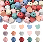 80Pcs 2 Styles Spray Painted Natural Maple Wood Beads, Heart/Hexagon, Mixed Color, 15~16x17.5~18x6~14.5mm, Hole: 2~3.5mm, 40pcs/style(WOOD-YW0001-36)