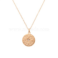 Stainless Steel Rhinestone Pendant Necklace, Flat Round with Sun, Rose Gold, 15.75 inch(40cm), Pendant: 18mm(ZQ2711-3)