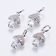 Brass Micro Pave Cubic Zirconia Charms, Cadmium Free & Lead Free, Mushroom, Real Platinum Plated, 11x7.5x4mm, Hole: 3mm(RB-I077-25P-RS)