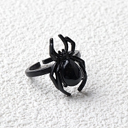 Natural Obsidian Spider Open Cuff Rings, Gunmetal Tone Metal Finger Rings for Unisex, Inner Diameter: Adjustable(PW-WGC70E9-28)