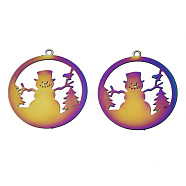 Christmas Ion Plating(IP) 201 Stainless Steel Filigree Pendants, Etched Metal Embellishments, Ring with Snowman, Rainbow Color, 22x20x0.3mm, Hole: 1.2mm(STAS-S118-001)