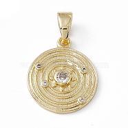 Rack Plating Brass Cubic Zirconia Pendants, Flat Round with Solar System Charm, Long-Lasting Plated, Lead Free & Cadmium Free, Real 18K Gold Plated, 20x17x2.6mm, Hole: 6.5x4mm(KK-M236-07G)