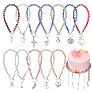 Acrylic Imitation Pearl Round Beaded Wedding Cake Pull, Party Decorations, with Tibetan Style Alloy Pendant, Skeleton Key/Bird/Crown, Mixed Color, 258~269mm, 12 style, 1pc/style, 12pcs/box(AJEW-AB00081)