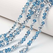 Electroplate Transparent Glass Beads Strands, Half Silver Plated, Faceted, Rondelle, Deep Sky Blue, 4x3mm, Hole: 0.4mm, about 130pcs/strand, 16.54 inch(42cm)(EGLA-A034-T4mm-M18)