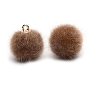 Handmade Faux Mink Fur Covered Pendants, with Alloy Findings, Round, Golden, Tan, 16~17x13.5~14mm, Hole: 1.5mm(X-WOVE-S108-03B)