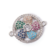 Brass Micro Pave Cubic Zirconia Links connectors, Flat Round with Flower, Colorful, Platinum, 17.5x23x3mm, Hole: 1.6mm(ZIRC-L090-035P)