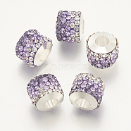 Polymer Clay Rhinestone European Beads, Large Hole Beads, with Platinum Tone Brass Single Cores, Column, Violet, 10x11~12mm, Hole: 4.5mm(RB-T005-01H)