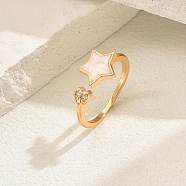 Simple Heart & Star Alloy Cubic Zirconia Open Cuff Ring for Women, Real 18K Gold Plated, Inner Diameter: 16~19mm(QF2171)