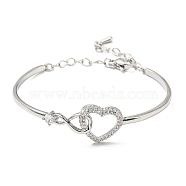 Infinity Heart Brass with Clear Cubic Zirconia Cuff Bangle with Safety Chains, Platinum, Inner Diameter: 2-1/8x1-5/8 inch inch(5.45x4.05cm)(BJEW-L683-02P)