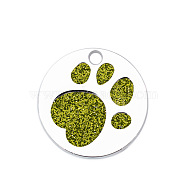 Enamel Pendants, with Platinum Plated Alloy Findings and Glitter Powder, Flat Round with Dog Paw Prints, Olive Drab, 25x1.7mm, Hole: 2.6mm(ENAM-CJC0001-05D)