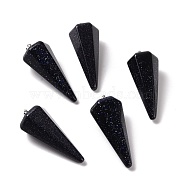 Synthetic Blue Goldstone Pendants, with Platinum Plated Brass Findings, Faceted, Cone, 35~36x13~14x12~12.5mm, Hole: 2.7x6.5mm(G-G848-01P-09)