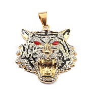 Ion Plating(IP) 304 Stainless Steel Big Pendants, with Clear & Red Cubic Zirconia and Black Enamel, Lion, Golden, 55x53x16mm, Hole: 8x11mm(X-STAS-L266-02G)