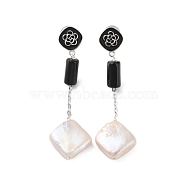 925 Sterling Silver Studs Earring, with Enamel, Natural Black Onyx and Pearl, Rhombus, Platinum, 48.5x13mm(EJEW-H002-32P)
