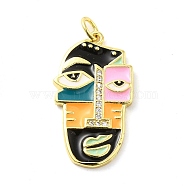 Real 18K Gold Plated Brass Clear Cubic Zirconia Pendants, with Enamel and Jump Ring, Abstract Face, Black, 26x15x4mm, Hole: 3.4mm(KK-A198-22G-05)