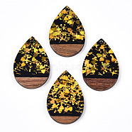 Opaque Resin & Walnut Wood Pendants, Teardrop Charms with Paillettes, Black, 36.5x24.5x3mm, Hole: 2mm(RESI-N039-45)