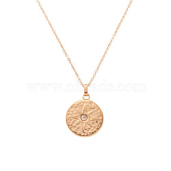 Stainless Steel Rhinestone Pendant Necklace, Flat Round with Sun, Rose Gold, 15.75 inch(40cm), Pendant: 18mm(ZQ2711-3)