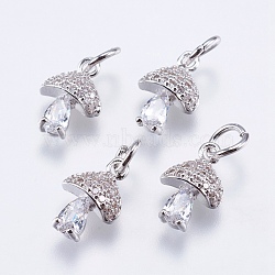 Brass Micro Pave Cubic Zirconia Charms, Cadmium Free & Lead Free, Mushroom, Real Platinum Plated, 11x7.5x4mm, Hole: 3mm(RB-I077-25P-RS)