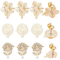 30Pcs 3 Style Brass Stud Earring Findings, with Horizontal Loops and 30Pcs Ear Nuts, Flower & Flat Round, Golden, 12~14.5x9~13mm, Hole: 1mm, Pin: 0.6mm, 10Pcs/style(KK-BBC0003-29)