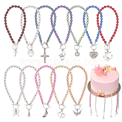 Acrylic Imitation Pearl Round Beaded Wedding Cake Pull, Party Decorations, with Tibetan Style Alloy Pendant, Skeleton Key/Bird/Crown, Mixed Color, 258~269mm, 12 style, 1pc/style, 12pcs/box(AJEW-AB00081)
