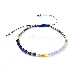 Adjustable Nylon Thread Braided Bead Bracelets, with Natural Lapis Lazuli & Aquamarine Beads, Glass Seed Beads and Brass Beads, Marine Blue, Inner Diameter: 2-1/4 inch~3 inch(5.8~7.5cm)(BJEW-JB05161-04)