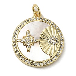 Brass Micro Pave Cubic Zirconia Pendants, with Shell, Flat Round, Real 18K Gold Plated, 21.5x19x3.5mm, Hole: 3.4mm(KK-Q808-04G)