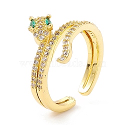 Cubic Zirconia Snake Open Cuff Ring, Real 18K Gold Plated Brass Jewelry for Women, Cadmium Free & Lead Free, Green, US Size 7 1/4(17.5mm)(RJEW-I083-01G)