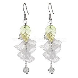 Acrylic & Glass Dangle Earrings, Flower & Leaf Cluster Earrings with 304 Stainless Steel Earring Pins, White, 70mm(EJEW-JE05429)