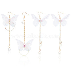 2 Pairs 2 Style Fabric Butterfly with Plastic Pearl Beaded Dangle Earrings, Iron Chains Tassel Long Drop Earrings with Iron Pins for Women, Golden, 100~110mm, Pin: 0.6mm, 1 Pair/style(EJEW-AN0002-84)