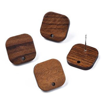 Walnut Wood Stud Earring Findings, with Hole and 304 Stainless Steel Pin, Square, Peru, 16x16mm, Hole: 1.8mm, Pin: 0.7mm