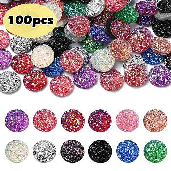 Resin Cabochons, Imitation Druzy Agate, Flat Round, AB Color Plated, Mixed Color, 12x3mm, 100pcs