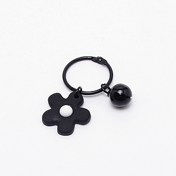 Plastic Pendant Keychains, with Iron Findings, for Earphone, Keychains Decoration, Flower, Black, 5.6cm