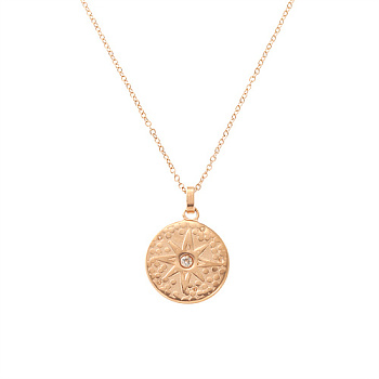Stainless Steel Rhinestone Pendant Necklace, Flat Round with Sun, Rose Gold, 15.75 inch(40cm), Pendant: 18mm