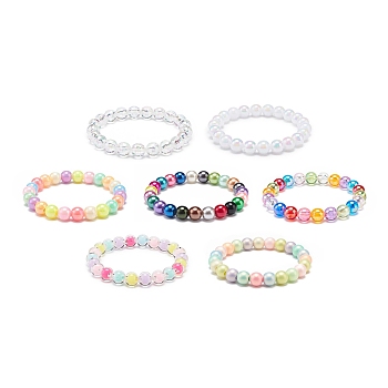 7Pcs 7 Color Candy Color Acrylic Round Beaded Stretch Bracelets Set, Stackable Bracelets for Kid, Mixed Color, Inner Diameter: 1-7/8 inch(4.8cm), Beads: 8mm, 1Pc/color