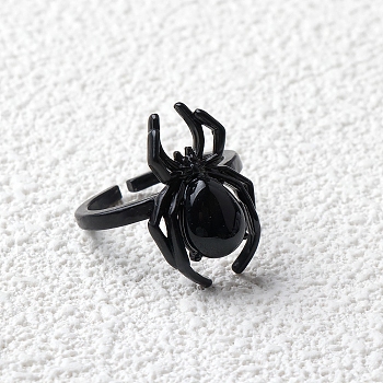 Natural Obsidian Spider Open Cuff Rings, Gunmetal Tone Metal Finger Rings for Unisex, Inner Diameter: Adjustable