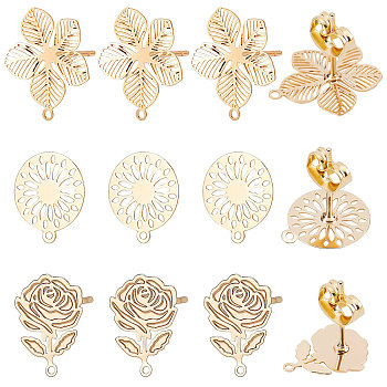 30Pcs 3 Style Brass Stud Earring Findings, with Horizontal Loops and 30Pcs Ear Nuts, Flower & Flat Round, Golden, 12~14.5x9~13mm, Hole: 1mm, Pin: 0.6mm, 10Pcs/style