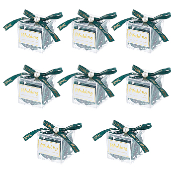 Square Transparent Acrylic Candy Gift Boxes, with Plastic Imitated Pearls Rhinestone Pendants, Sea Green Polyester Ribbon, Raffia Crinkle Cut Paper Shred Filler and Sticker, Wedding, Sea Green, 5.5x5.5x5.6cm