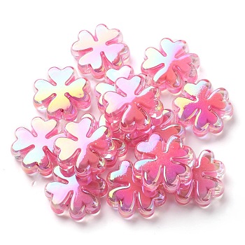 UV Plated Acrylic Beads, Iridescent, Bead in Bead, Clover, Hot Pink, 25x25x8mm, Hole: 3mm