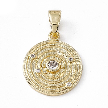 Rack Plating Brass Cubic Zirconia Pendants, Flat Round with Solar System Charm, Long-Lasting Plated, Lead Free & Cadmium Free, Real 18K Gold Plated, 20x17x2.6mm, Hole: 6.5x4mm
