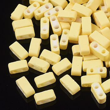 2-Hole Glass Seed Beads, Rubberized Style, Rectangle, Yellow, 4.5~5.5x2x2~2.5mm, Hole: 0.5~0.8mm