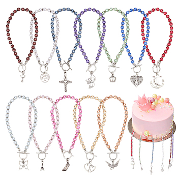 Acrylic Imitation Pearl Round Beaded Wedding Cake Pull, Party Decorations, with Tibetan Style Alloy Pendant, Skeleton Key/Bird/Crown, Mixed Color, 258~269mm, 12 style, 1pc/style, 12pcs/box