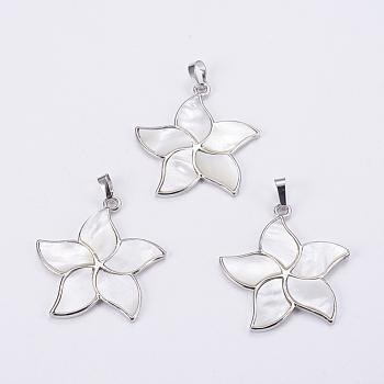 Natural White Shell Mother of Pearl Shell Pendants, with Platinum Tone Brass Bail, Flower, 41~41.5x38x2~3mm, Hole: 5x8mm