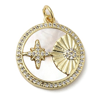 Brass Micro Pave Cubic Zirconia Pendants, with Shell, Flat Round, Real 18K Gold Plated, 21.5x19x3.5mm, Hole: 3.4mm