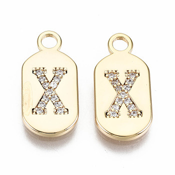 Brass Micro Pave Clear Cubic Zirconia Pendants, Nickel Free, Real 18K Gold Plated, Oval with Word, Letter.X, 16x7.5x1.5mm, Hole: 1.8mm
