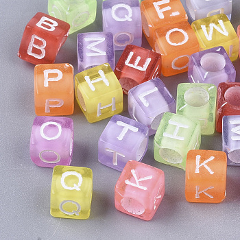 Transparent Acrylic Beads, Horizontal Hole, Cube with Random Initial Letter, Mixed Color, 6x6x6mm, Hole: 3.5mm, about 384pcs/50g