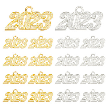 20Pcs 2 Colors Alloy Pendants, Year 2023, Golden & Silver, 18x34x2mm, Hole: 3.2mm, 10pcs/color