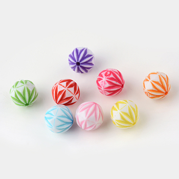 Craft Style Acrylic Corrugated Beads, Round, Mixed Color, 13~14mm, Hole: 2mm