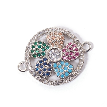 Brass Micro Pave Cubic Zirconia Links connectors, Flat Round with Flower, Colorful, Platinum, 17.5x23x3mm, Hole: 1.6mm